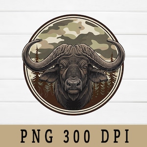 May include: A detailed illustration of a buffalo head with large curved horns, set within a circular frame. The background features a camouflage pattern and silhouettes of trees. The text "PNG 300 DPI" is displayed at the bottom.