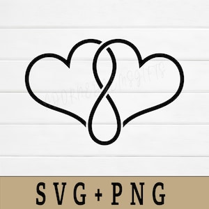 May include: A black line art graphic featuring two interlocking hearts that form an infinity symbol shape. The design is centred and clean, presented against a white background with the text SVG + PNG displayed in black at the bottom.