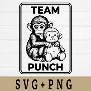 Könnte beinhalten: Schwarz-weiße Grafik von zwei Affen, einer umarmt den anderen. Oben im Bild steht "TEAM" und unten steht "PUNCH". Die Worte "SVG + PNG" stehen am unteren Rand des Bildes.