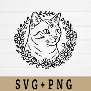 May include: Black and white cat illustration surrounded by a floral wreath. The cat's face is detailed with whiskers and eyes. The image includes the text "SVG + PNG" at the bottom.