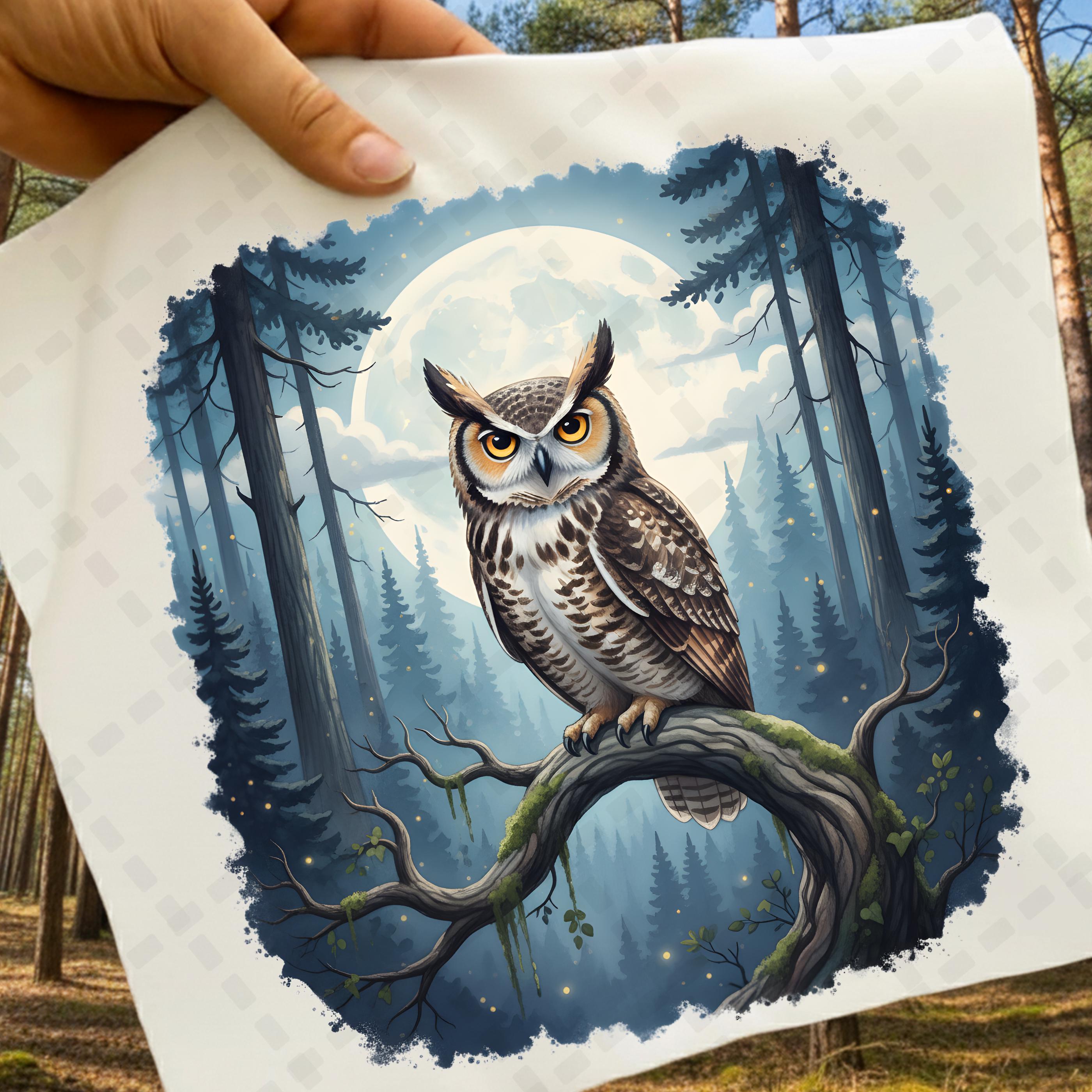 Horned Owl PNG on Moonlit Branch - Mystical Forest Wildlife Digital Art for Sublimation Crafts