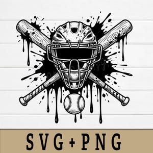 Peut inclure: Graphique noir et blanc sur le thème du baseball, avec un casque de receveur, des battes croisées et une balle de baseball. Le design comprend un effet d'éclaboussure noir et le texte "SVG + PNG".