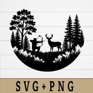 May include: Black silhouette of an archer aiming a bow and arrow at a deer in a forest scene. The design includes trees, foliage, and the text "SVG + PNG" at the bottom. The image is set against a white wood background.
