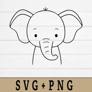 May include: A black and white line drawing of a cartoon elephant with large ears, a trunk, and small eyes. The elephant is centered on a white background with horizontal wood grain. The text "SVG + PNG" is at the bottom.