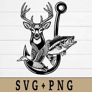 May include: Black and white illustration featuring a deer with large antlers, a fish, and a duck, all incorporated into the design of a fishing hook. The text "SVG + PNG" is at the bottom.