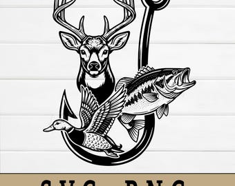 Deer Bass Duck Fishing Hook SVG PNG: Outdoorsman Decal Design (Digital Download)