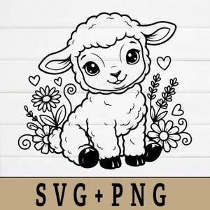 Può includere: Illustrazione in bianco e nero di un simpatico agnello con grandi occhi, seduto tra fiori e cuori. Il testo "SVG + PNG" è in basso nell'immagine.
