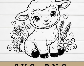 Baby Lamb SVG PNG: Cute Sheep Floral Silhouette, Nursery Animals Spring Flowers Hearts Cut File