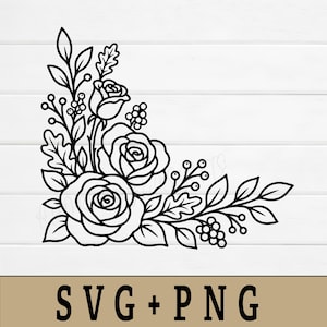 May include: A black and white line art graphic featuring a floral corner arrangement with three roses, various leaves, and small berry clusters. The design is oriented to fit a corner and includes the text SVG + PNG at the bottom of the image.