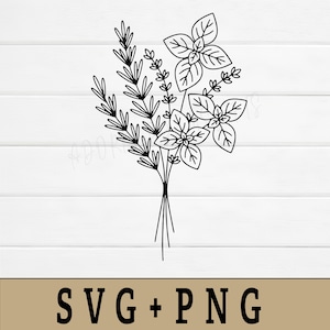Peut inclure: Illustration en noir et blanc d'un bouquet d'herbes aromatiques, avec du romarin et du basilic. L'image est posée sur un fond en bois blanc. Le texte "SVG + PNG" est affiché en bas.