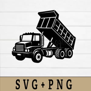 May include: Black and white illustration of a dump truck with its bed raised. The truck has a detailed design, including wheels, a cab, and a lifting mechanism. The text "SVG + PNG" is at the bottom.