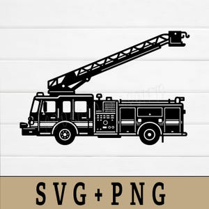 May include: Black and white illustration of a fire truck with an extended ladder. The fire truck has detailed features, including windows, wheels, and equipment compartments. The text "SVG + PNG" is displayed at the bottom.