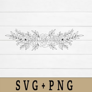 May include: Black and white floral design with the text "SVG + PNG" at the bottom. The floral arrangement features detailed outlines of flowers, leaves, and berries, set against a white wooden background. This design is suitable for various crafting projects.