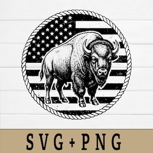 May include: Black and white illustration of a bison inside a circular frame with a rope border. The background features the American flag. The text "SVG + PNG" is at the bottom of the image.