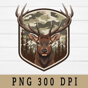 May include: A detailed illustration of a brown deer with large antlers, set against a camouflage background within a shield-shaped frame. The image includes a forest scene and the text "PNG 300 DPI".