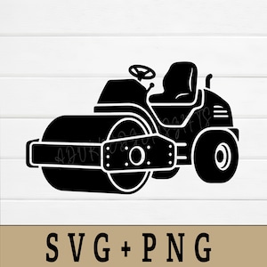 May include: Black and white illustration of a road roller, a construction vehicle. The image shows the roller's main components: the large front drum, the cab with a seat and steering wheel, and the rear wheels. The text "SVG + PNG" is at the bottom.