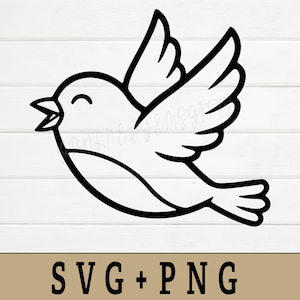 May include: A black and white line drawing of a bird in flight, with its wings spread and a smiling face. The image is set against a white backdrop. The text "SVG + PNG" is displayed at the bottom of the image.