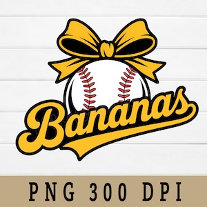 Retro Baseball Bananas PNG, Softball Bow Graphic (Digital Download)