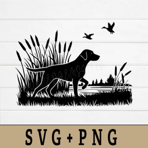 Hunting Dog Silhouette SVG PNG: Labrador Retriever Pointer, Duck Hunting Scene, Cattails Wetlands Design