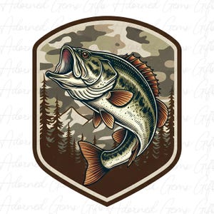 May include: A detailed illustration of a largemouth bass with an open mouth, set against a camouflage background and mountain scene. The fish is in shades of green, brown, and orange, framed by a brown border. The design evokes a fishing or outdoor theme.