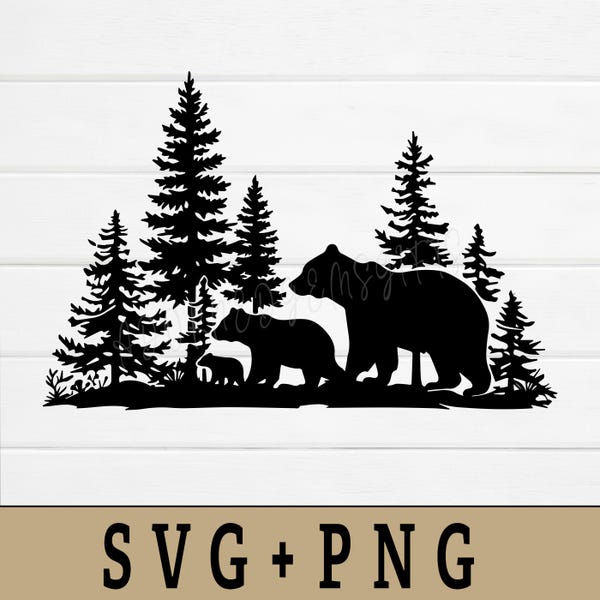 Bear Family Silhouette: Pine Tree Forest Camping Design (SVG PNG)