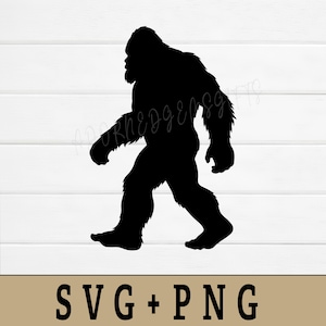 May include: A black silhouette of a Bigfoot walking, with detailed fur and body shape. The image is set against a white background with horizontal wooden planks. The text "SVG + PNG" is at the bottom.