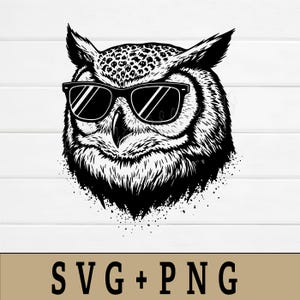 May include: Black and white illustration of an owl wearing sunglasses. The owl has detailed feather textures and a spotted pattern on its head. The image includes the text "SVG + PNG" at the bottom.