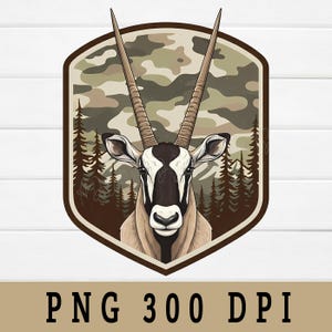 May include: A digital illustration of an oryx, a type of antelope, within a brown shield-shaped frame. The background features a camouflage pattern and a forest silhouette. The image includes the text "PNG 300 DPI" at the bottom.