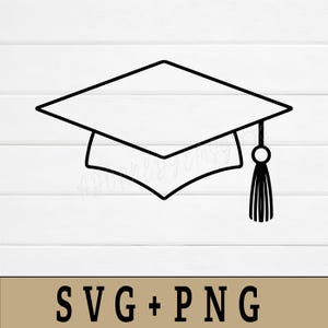 May include: A black line art illustration of a graduation cap with a tassel hanging from the right side. The design features a square top and a curved base. Below the graphic, the text SVG + PNG is displayed in a bold, black font.