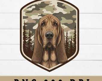 Bloodhound Dog Portrait PNG: Realistic Scent Hound Head Camo Mountain Forest Wildlife Hunter Design