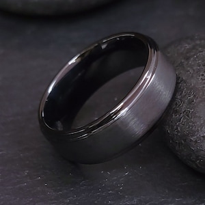 Men&#39;s 8mm Black Brushed Tungsten Carbide Wedding Ring - Includes FREE Silicone Ring with purchase