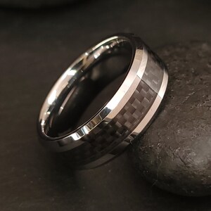 Men's 8mm Black Tungsten Carbide Wedding Ring Silver with Black Carbon Fiber - Includes FREE Silicone Ring with purchase