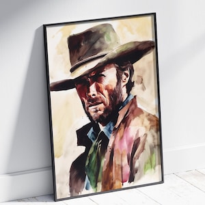 Clint Eastwood from his iconic role in the classic 1964 Western movie &quot;A Fistful of Dollars&quot;, Digital Print, Clint Eastwood Gift, Watercolor