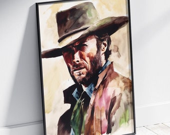 Clint Eastwood from his iconic role in the classic 1964 Western movie "A Fistful of Dollars", Digital Print, Clint Eastwood Gift, Watercolor