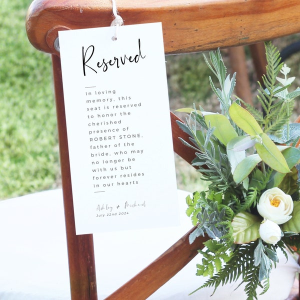 Reserved Wedding Sign Template, Memorial Chair Sign, In Loving Memory Sign, Wedding Ceremony Reserved Seat Sign, Memorial Sign-F1