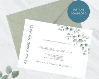 Plantilla de compromiso de boda, DESCARGA INSTANTE, Invitación elegante simple, Invitación minimalista, plantilla de vegetación de eucalipto, DIY-euc001