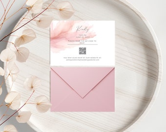 QR Code Rsvp Card Template, Modern Wedding Reply Cards, Editable Wedding Invitation, Blush Pink Wedding Invite RSVP, Instant Download-bl1