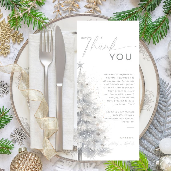 Christmas Place Setting Thank You, Instant Download, Dinner Napkin Note, Holiday Thank You, Thank You Table Cards, Silver Christmas Tree-C2