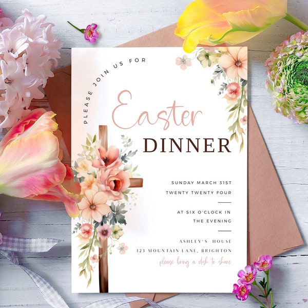 Easter Dinner Invitation Template | Easter Celebration Invites | Instant Download | Religious Invite | Floral Cross Party Invitation-E1