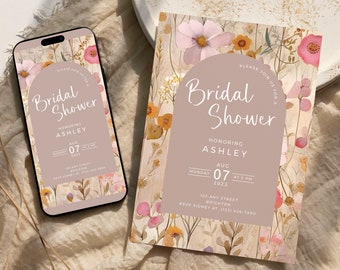 Boho Bridal Shower Invitation Template | Blush Pink Wildflower invite |   Printable And Electronic | Digital Invitation | Text Invite-br1