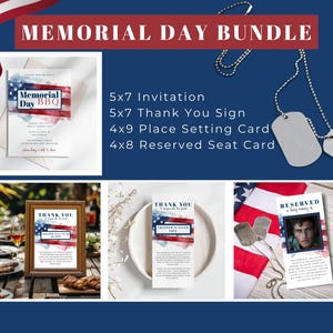 Lot fête du Memorial Day, invitation barbecue patriotique, marque-place pour anciens combattants Merci, carte à la mémoire d'un siège réservé, décoration de table-mem1