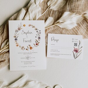 Ensemble de faire-part de mariage photo bohème, suite de mariage de fleurs sauvages, téléchargement immédiat, invitation modifiable, lot de fleurs séchées, réponse Rsvp Qr Code-DF3