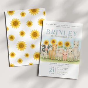 Faire-part 6e anniversaire animaux de la ferme pour filles, invitation à une fête de basse-cour tournesol, modèle modifiable pour le sixième anniversaire de mariage, option photo, téléchargement immédiat-SF1