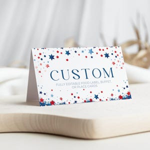Étiquettes d'aliments du 4 juillet, cartes pour le buffet du Memorial Day, modèle de carte de siège patriotique rouge blanc bleu, téléchargement immédiat, carte de pli de tente personnalisée-ID1