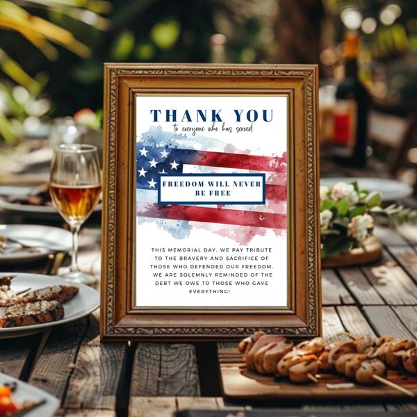 Patriotic Memorial Day Sign, Thank You Veterans, American Flag Party Decor, Freedom Red White & Blue Template, 4Th Of July Table Sign-mem1