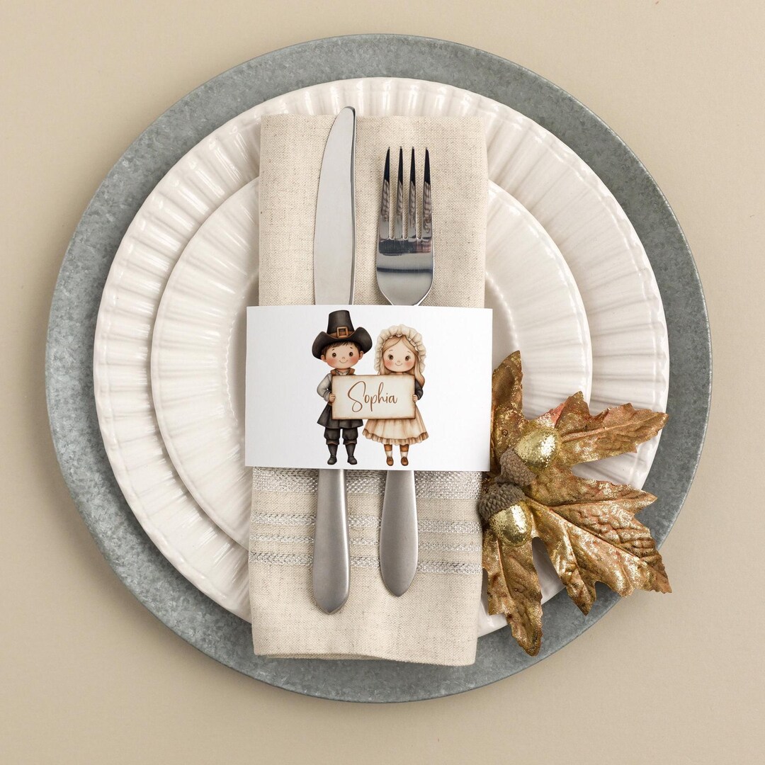 Custom Thanksgiving Napkin Bands: Pilgrim Place Card (editable Template ...