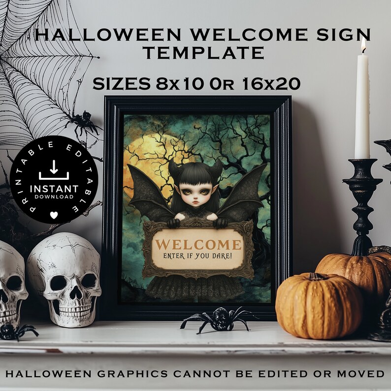 Halloween Sign Template, Haunted Woods Party Sign, Vampire Bat