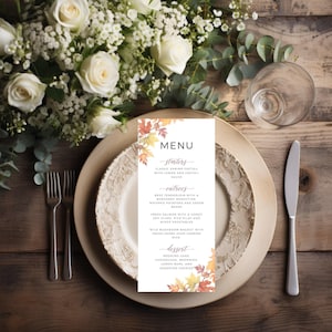 Modèle de menu de mariage, téléchargement immédiat, menu minimaliste modifiable simple, modèle imprimable de feuille d'automne, DIY-fall001