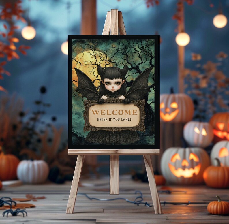 Halloween Sign Template, Haunted Woods Party Sign, Vampire Bat