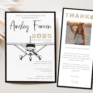 Conjunto de convites para festa de formatura de aviação, convite para festa de formatura de piloto e cartão de agradecimento para mesa de jantar, download instantâneo, design de avião - P25